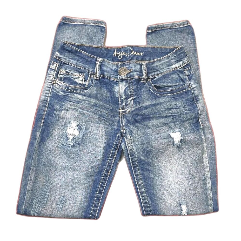 Ariya Jeans Juniors Size 7/8 Distressed Stretch Skinny Mid-Rise Blue Denim